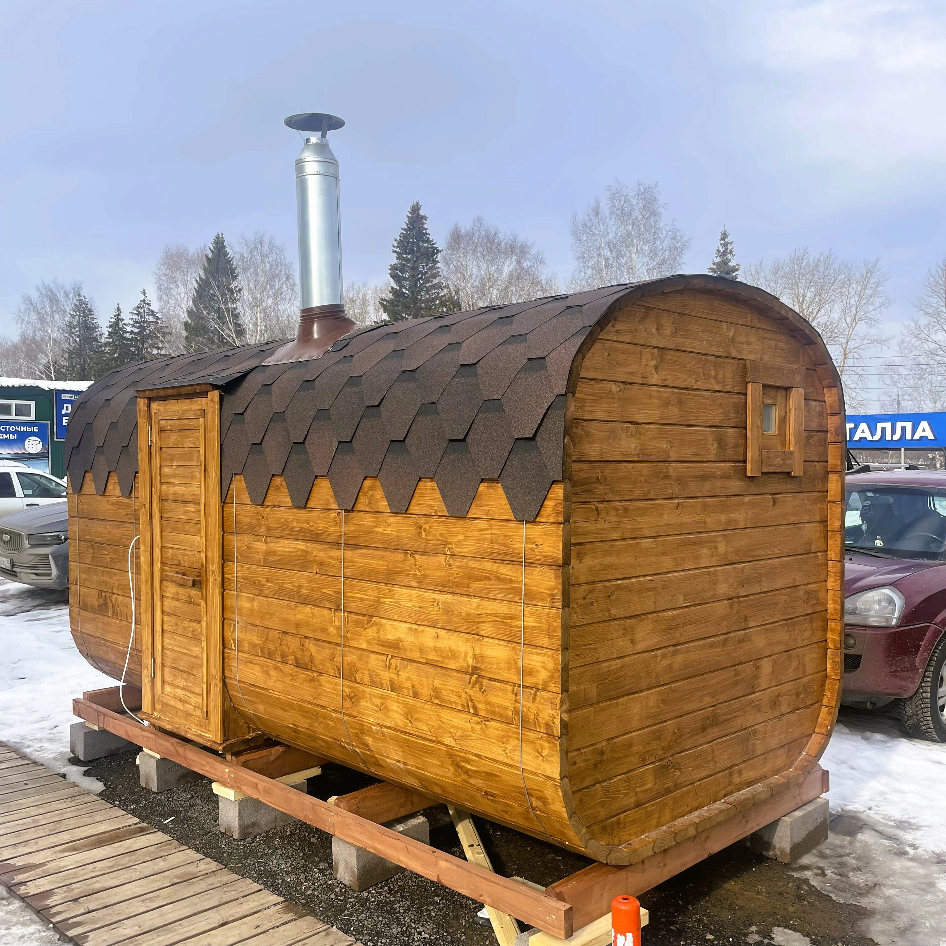 картинка Баня-бочка Квадро 2х4 метра, цвет Мореный дуб