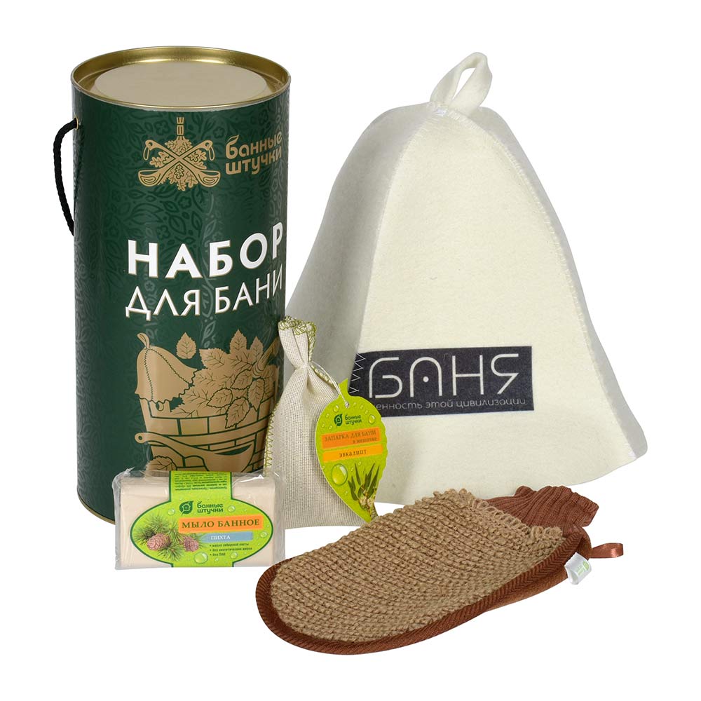 картинка Набор подарочный в тубе, 4 пред. (шапка, мыло, запарка, мочалка), для него