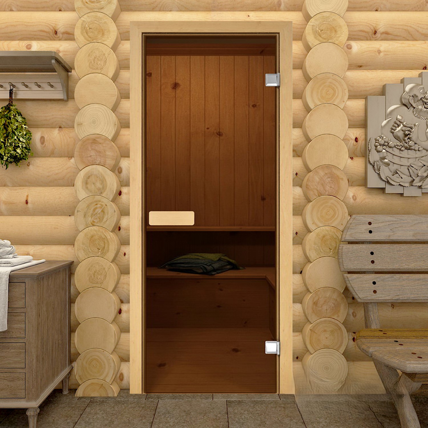 картинка Дверь Стеклянная 6*690*1690 БРОНЗА из хвои 2 петли + коробка